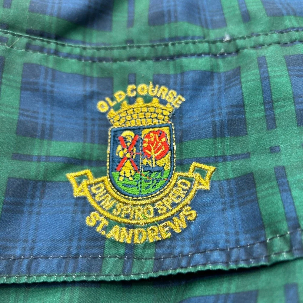 St. Andrews Tartan Windbreaker Jacket Medium Blue Green Golf Polyester Rain
